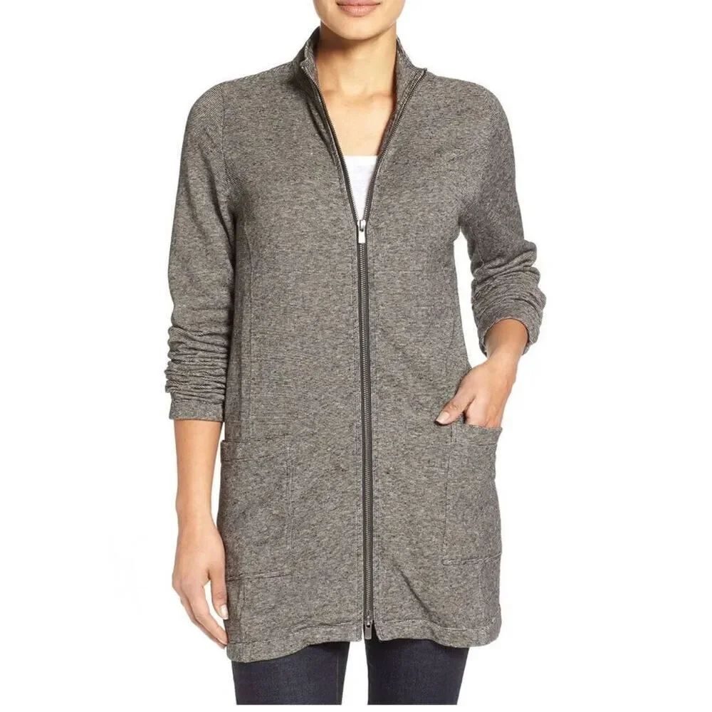 EILEEN FISHER Charcoal Gray Organic Cotton Hemp Microstripe Long Jacket size PL